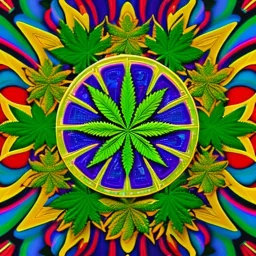 Marijuana, pattern, splash color, bright colors, neon, Psychedelic, detail, 8k, bright light, round edges