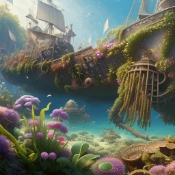 pixar style, volumetric summer garden environment and background, realistic painting of a sunken shipwreck, looking excited, detailed digital painting, extreme dense and fine fur, anime, ornate, colour-washed colors, elegant, small minutiae, tiny features, particulars, centered, smooth, sharp focus, renderman gofur render, 8k, uhd, detailed eyes, realistic shaded volumetric lighting, sunlight caustics, backlight, centered camera view