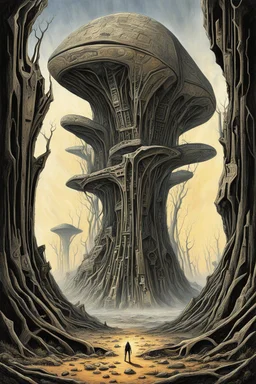 A person stands in the middle of the picture and is troubled and doesn’t know how to walk.Extensive deforestation, fewer trees, otherworldly bas-relief glyphs on alien deserted planet giant natural rock formations, first contact concept art, abstract surreal sci-fi, by Colin McCahon and Jim Burns and Brian Despain, by H.R. Giger, silkscreened mind-bending illustration; sci-fi poster art, asymmetric, alien colors, vertical scroll of strange geometric symbols, complex biomorphism, technical biomec