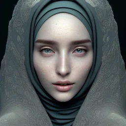 close up portrait of fog as woman in hijab, fine detail, highly intricate, modern surrealism painting, defined cracks and breaks, high-quality, volumetric lighting, 8k, ultrahd, George Grie, Marco Escobedo, Igor Morski,Brian Froud, Howard Lyon, Selina French, trees, flowers, tall