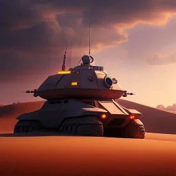 volumetric desert environment, Ralph McQuarrie style painting, armored hovercraft, highly detailed, renderman