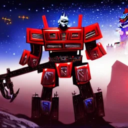 merry christmas, Transformers, Megatron dressed as Santa, cyberpunk, landscape, transformers, hi-tech robots, GUITARS, cinematic, highly detailed, close up, 4k, deep colors, gold, fire, red, purple, dark, ethereal, utopia, apocalypse, flying Cadillac, from outer space