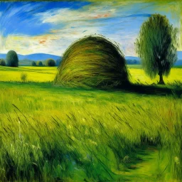 A green grassy plain filled with haystacks painted by Claude Monet