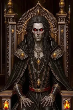 full length, mantle, black cloth, dark green eyes, sits on the throne