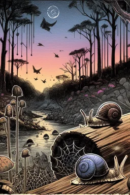 twilight scene in manga style illustration Modifiers: Albrecht Dürer junji ito Epic woodblock print rule of thirds Odilon Redon Otherworldly alcohol ink Tsutomu Nihei Mushrooms vivid color stippling void Hatching snail sharp contrast sharp edge Art by Leah Analog Horror the styles of ancient masters like Utagawa Hiroshige, Katsushika Hokusai and Togaku Old growth forest scene decaying log, moss, ferns, spiderwebs, beetles and caterpillars