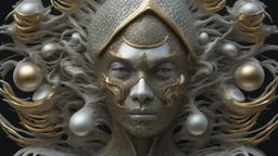 figure of a fish man with fish scale skin, art from Jasper Harvey's "art of control" collection, futuristic optics style, silver and gold, flower, bird, detailed facial features, swirling vortices, 8k 3d, bizarre cyborgs made of crystals, high detail, high resolution, 8K