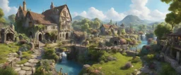 A busy surrealist market in a beautiful sunny countryside scene with distant hills & fields, many conjoining intricate characterful dwellings & a clock-house (designed by Esher & Dali), pathways & walkways, stairways & bridges, waterfalls & a waterwheel : ultra high detail, photorealistic, epic cinematic, 8K, Large depth of field