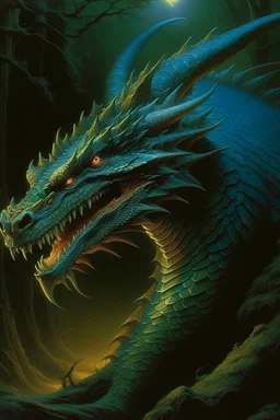 70s dark fantasy art of a dragon