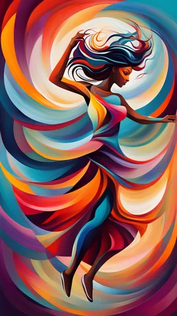 a dynamic and abstract portrayal of a woman dancing, surrounded by swirling colors and abstract shapes. Use vibrant color palette to convey the energy and movement of the dance