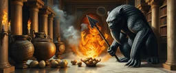 master oil painting by Escher and Giger, glaring vases and black humanoid reflective expressive long clunky obese elder troll spear bear and hidden magic aura golden eel djinni with beard inside marble hall library, cryptic eggs, sacred geometry, fire fog and steam border, fire elemental creature, twisted dimensional portal for ice elemetals only