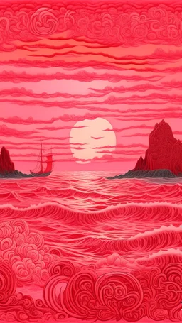A pink ocean during sunset designed in African masks painted by Francis Danby