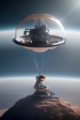 close side view of An astronaut sitting on a large steel ball.floating in the air, wide legs, holding on to the chain