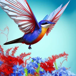 white, red and blue 3d cute colibri bird flying