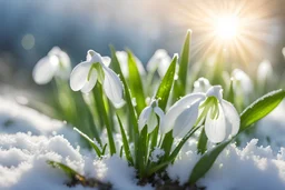 Beautiful Snowdrop flowers on the winter snow and beautiful snow flakes , discret sun ray on, Miki Asai Macro photography, entire but close-up, hyper detailed, trending on artstation, sharp focus, studio photo, intricate details, highly detailed,