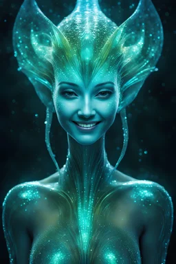 A Photograph with bioluminescent and bioluminous artistic style portrays a smiling giant divine afemale alien god. bioluminescent wet translucent irredescent skin etheral glowing eyes, very long neck, a middle front third eye, large head fins and ear fins flowing showcases an alluring, perfect face in ultra-realistic detail. The composition imitates a cinematic movie, with dazzling, golden, and silver light effects. The intricate details, sharp focus, crystal-clear skin create a highly detail
