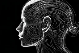 line drawing scratched profile of a mechanical head blowing wavy lines filling space white on black elegant crisp clean lines