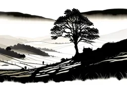 silhouette white background of beatuful scenic picture castleton peakdistrict uk from a distance scenery painting