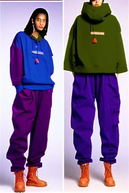 year 1994 women fashion. Loose fit, "combat suit trouser" with low waist, baggy, Combat pants, t-shirt and interesting hoodie with high tippet. Colors: denim blue, blue, purple, khaki, "light and bright green", lilac, plum, orange, terracotta, red, pink, dark blue, beige. Women models. Starling pattern prints.Jennifer Lopez, Gwyneth Paltrow, . Big tennis shoes on. Cargo pants.