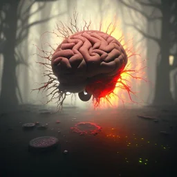 a bloody human brain inside a glowing mana potion, steam punk, scary, horror, realistic, made in octane, cinematic, ultra-realistic, extremely detailed octane rendering, 8K, VRAY Super Real ar 2:3, dof photorealistic futuristic 50mm lens hard lighting dark gray tintype photograph, realistic lighting