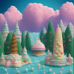 A landscape shot In the background A mountain made of cakes . above the mountain are pink and blue cumulus clouds made of cotton candy. a forest of lollipops and candy canes surround the lake. in the center a large ice cream float that is a lake. Groups Gingerbread people are sunbathing under a sunflower sun. Some gingerbread people are drinking from the lake