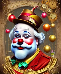 happy old friendly fat clown with trimmed beard playing jazz with a steampunk theme, circus, realistic