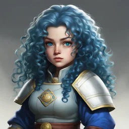 adult female Cleric halfling with long blue curly hair and soft green eyes