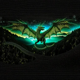 image framed with a thin border of celtic designs, story book cover format, A winged celestial dragon in flight above a forested mountain, against a background of brilliantly glittering stars, hd 4k, fine sharp detail