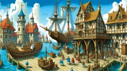 gothic medieval wooden harbour with piers and ships, people, shops, bridges, arches, balconies, taverns, blue sky