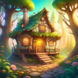 Soft cozy Fantasy cartoon forest cottage