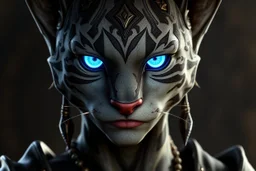 character art of a 20-year-old female Elder-Scrolls-Online-Style Khajiit, glowing blue eyes, She has a curvy body. The artwork is in high-resolution CGI, 4K quality, showcasing high detail and a cinematic look.