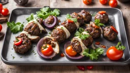 Turkish Islim Kofta Kebab with Meatballs and Cherry Tomatoes Wrapped in Eggplant / Aubergine Slices on Oven Tray. Traditional Food.