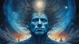 Universe, Galactic space portrait of a man, roots, inspired by architecture, crazy details and double exposure in fantasy art, glitter, blue, fine art, hyper-detailed main society, fine rendering, sharp drawing, vibrant colors