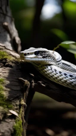 a white metal snake crawls through a tree