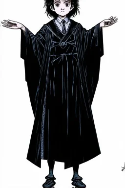 pallid 7 year old boy, necromancer, friendly,wearing black robes, with the lower body of a genie, in the style of Harry Clarke