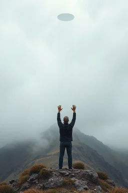 A land with mountain filled with human raising hands up for a strands or unexplained object in the sky hovering in a foggy cloudy sky