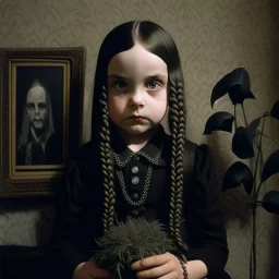 wednesday addams as a child, braids, frange, with a black flower,worn polaroid, 1970s, empty room, no émotion on her cold face