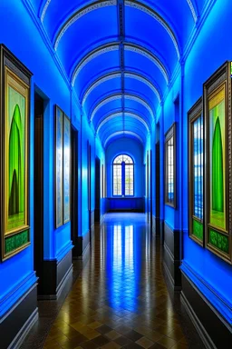 An exhibition of paintings whose side walls are in the shape of an oval and made of blue glass and its floor is light with a wall in the middle of the hall to divide it into two parts with a corridor at the beginning and end of the wall and the paintings displayed are old and historical