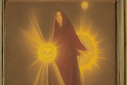 Cloaked woman beholding a miniature sun