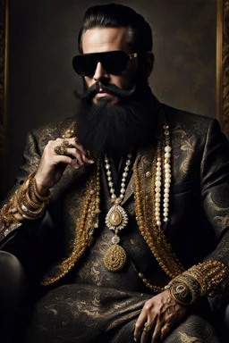 Artistic photo in the audacius style of Jill Greenberg, of man with a luxurious and striking style, abundance of jewelry, oversized sunglasses, neat black beard, feminine manirism, prints, desafiant, extravagant, barroque escene , impasto style with thick texture