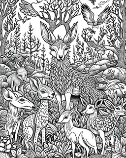 forest animals, coloring page, perfect composition, beautiful perfect coloring page, white, ((((white)))))