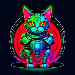 cute cat with armor in neon style with red, blue and green colours without background and plasma melted circle