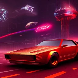 cyberpunk,landscape ,cars , cinamatic, highly detailed, close up, 4k , deep colours, gold , fire , red, purple,dark ,etheral , utopia , apocalypse, flying Cadillac, from outer space