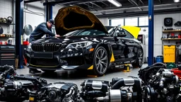 A car repair shop where two people in work clothes are repairing a black and yellow BMW M6 series with an eye-catching theme in a sophisticated and special repair shop where a collection of car engine parts is arranged on the floor at the bottom of the image.