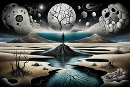 deep absurd nightmare, inner world and dynamics of the uncontrolled mind and soul, lonely portrait like one little island in the cold deep Sahara, a surreal cracked painted weird land. Whimsical style of Chagall meets the dark visions of Minjae Lee and Anton Semenov, lonely, sad lives and absurd beauty. The broken, weird inhabitants of this bizarre landscape, rendered in dark gray, purple, black colors, dark dunes, thick layers, impasto paint, background neuro web, surreal vibe