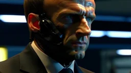 4k full details, full realism. EMMANUEL MACRON EN TERMINATOR. ELYSEE EN FEU EN ARRIERE PLAN