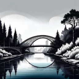 A detailed modern European ink drawing of a curved bridge against a minimalist cityscape. Inspired by Zdeněk Burian, this animation still features a tall bridge with a tree-framed rainbow, reflecting a vividly artistic landscape.