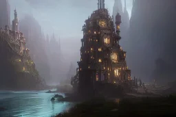 magical fantasy steampunk cliff palace river seven towers