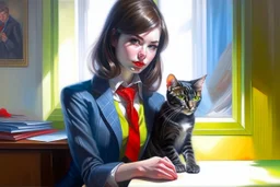 kitten brunette girl secret agent joker in an office in sunshine, very detailed, oil painting