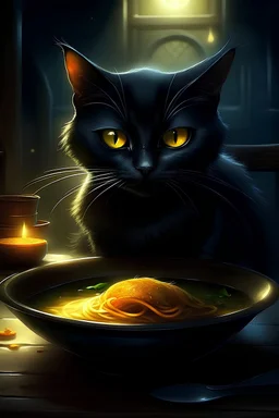 A fantasy digital art black cat eating Hummus