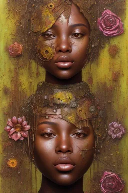 an abstract painting of rusted metal and flowers, african portrait, rust, scaffolding, iron cladding, decay, mixed media, textured, anatomically correct, beautiful perfect face, sharp focus, highly detailed